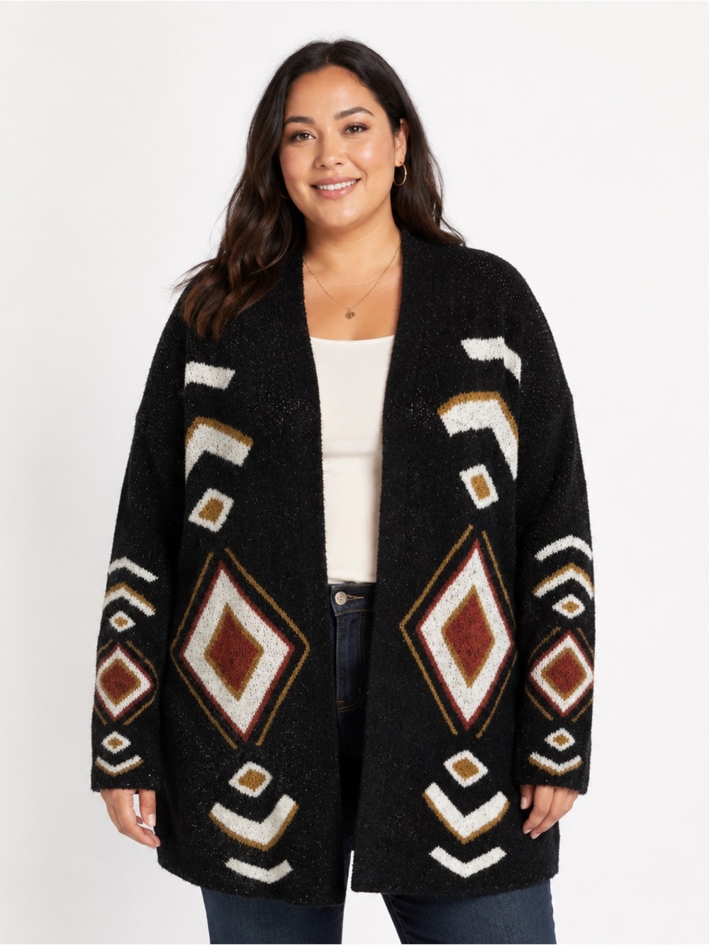 New Directions Curvy 2X Southwestern Geometric Open Front Cardigan